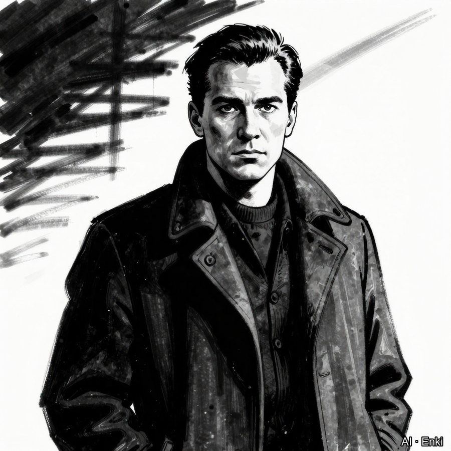 Classic black-and-white noir portrait of a man in a coat