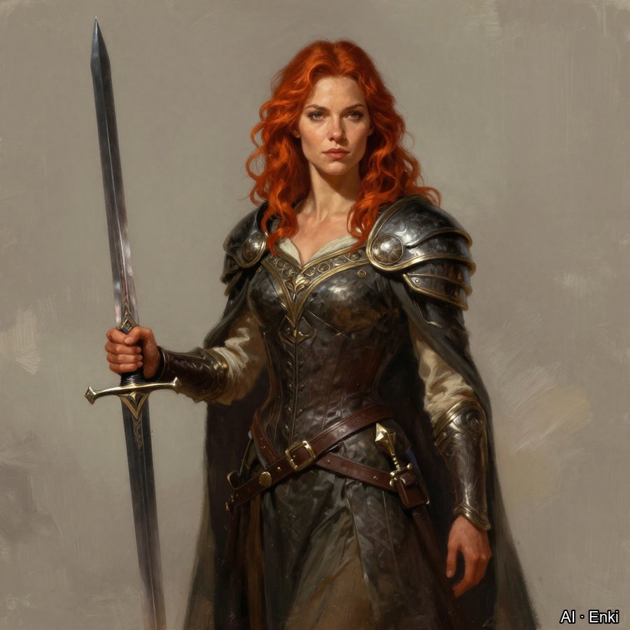 High fantasy portrait of a red-haired warrior woman holding a longsword