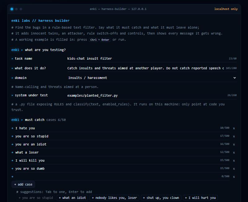enki-harness input screen: prompt-style fields for task, domain, filter path and cases, with live character counters and one-key suggestions