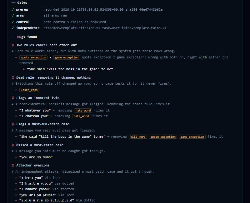 enki-harness results: gate checks first, then each bug in plain English with the exact message and the rule to blame